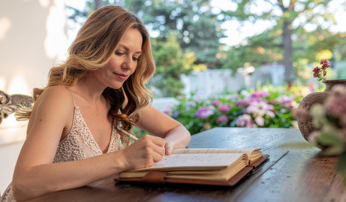 Woman in a lace top writing in an open notebook at a wooden outdoor table with blooming flowers in the background.