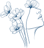 Line-art illustration of a woman's profile with large flowers intertwined along her neck and shoulder area.
